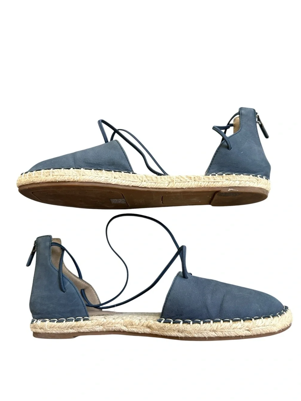 Eileen Fisher Espadrille Flats Navy Leather Ankle Wrap Size 7.5